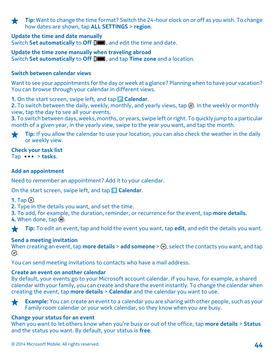 Switch between calendar views, Add an appointment | Nokia Lumia 630 User Manual | Page 44 / 110