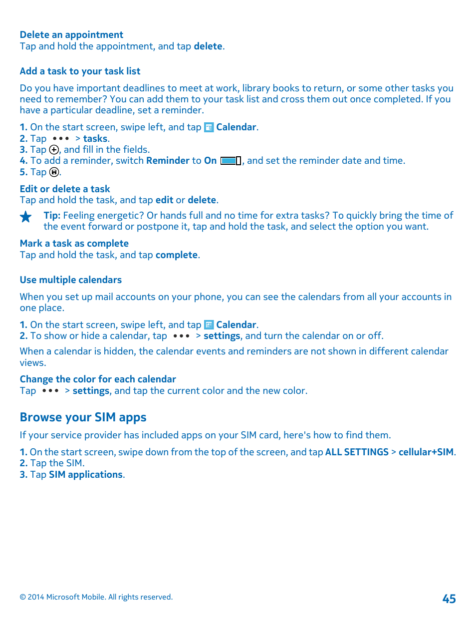 Add a task to your task list, Use multiple calendars, Browse your sim apps | Nokia Lumia 630 User Manual | Page 45 / 110