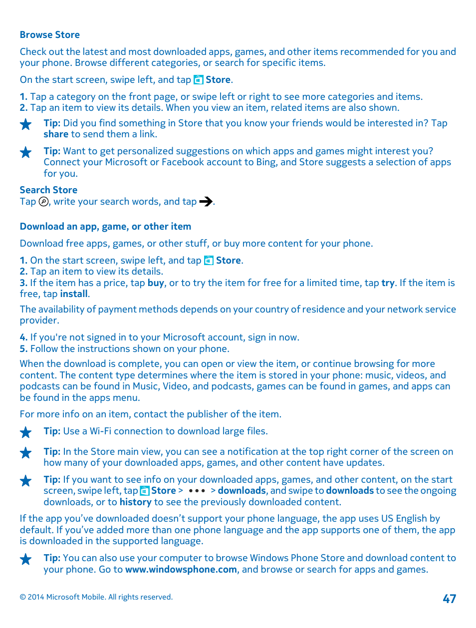 Browse store, Download an app, game, or other item | Nokia Lumia 630 User Manual | Page 47 / 110