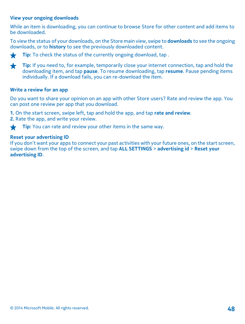 View your ongoing downloads, Write a review for an app | Nokia Lumia 630 User Manual | Page 48 / 110