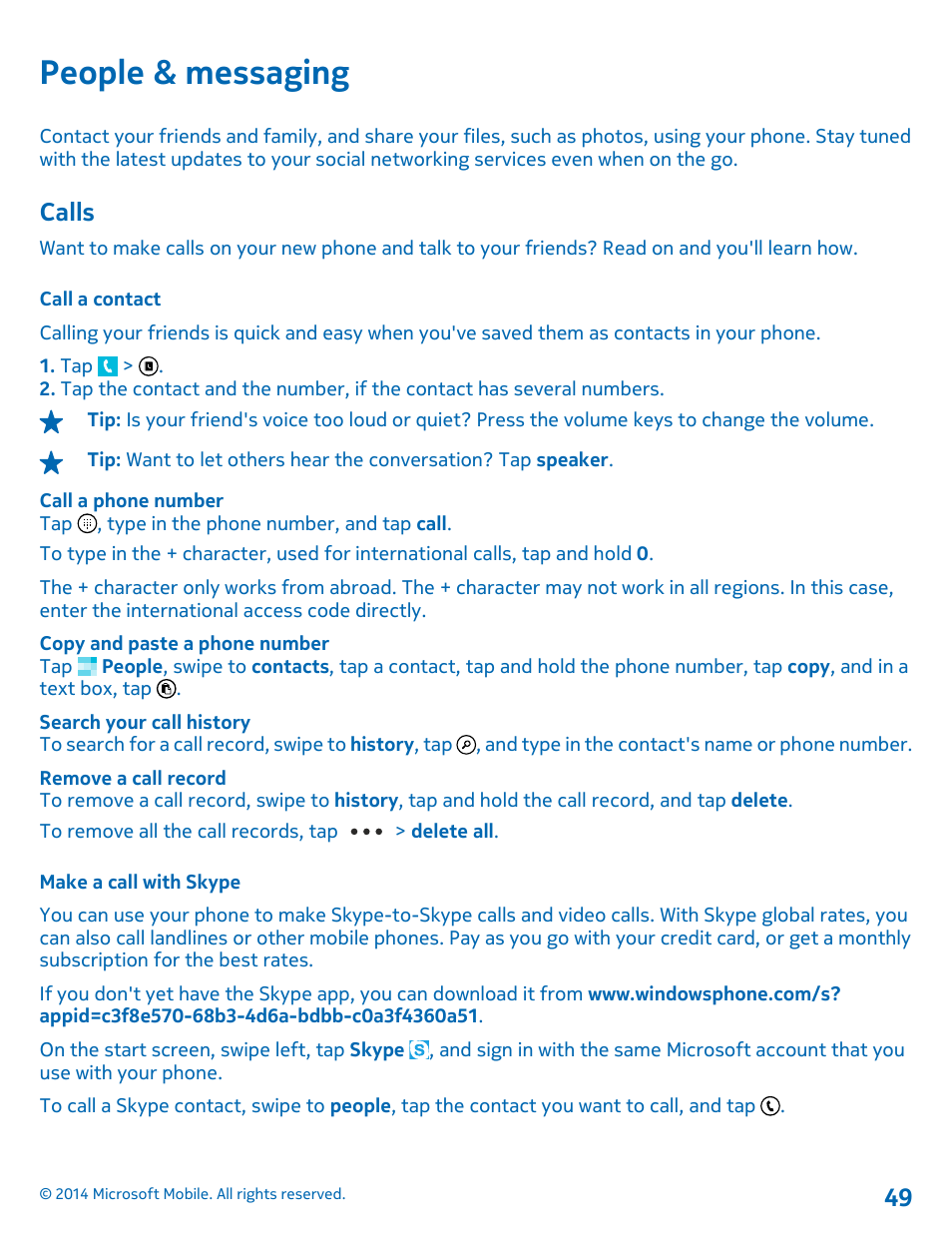 People & messaging, Calls, Call a contact | Make a call with skype, Calls 49 | Nokia Lumia 630 User Manual | Page 49 / 110