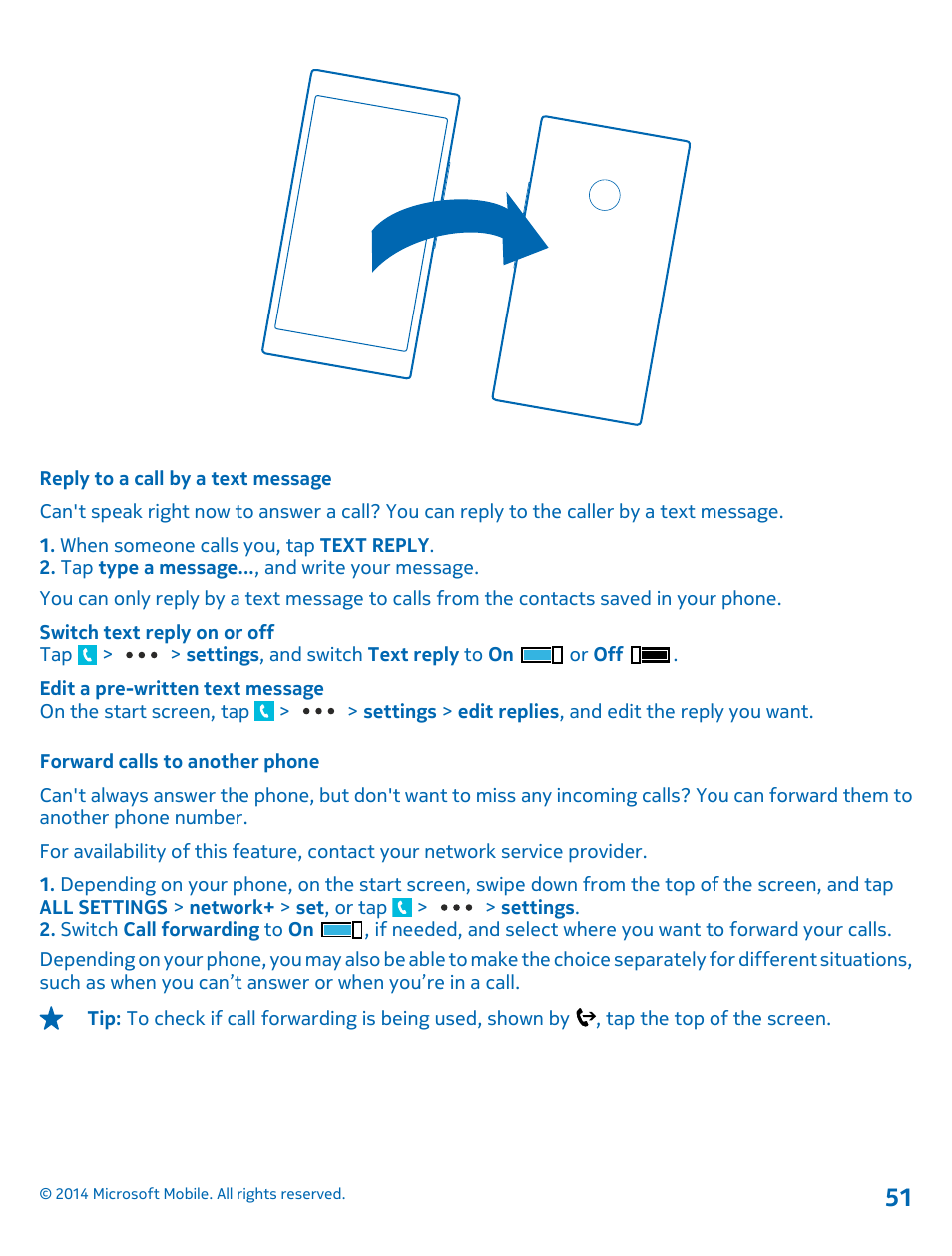 Reply to a call by a text message, Forward calls to another phone | Nokia Lumia 630 User Manual | Page 51 / 110