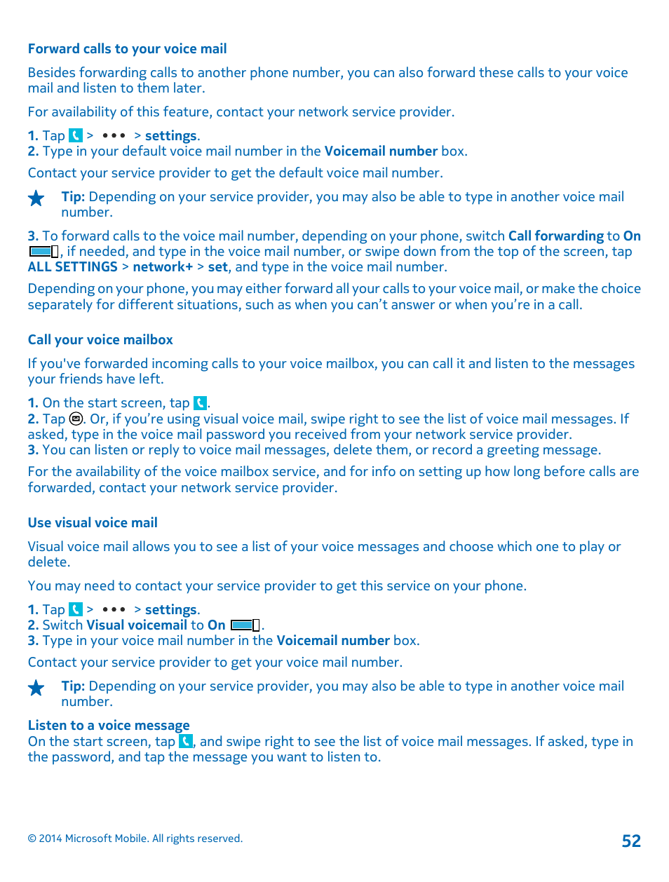 Forward calls to your voice mail, Call your voice mailbox, Use visual voice mail | Nokia Lumia 630 User Manual | Page 52 / 110