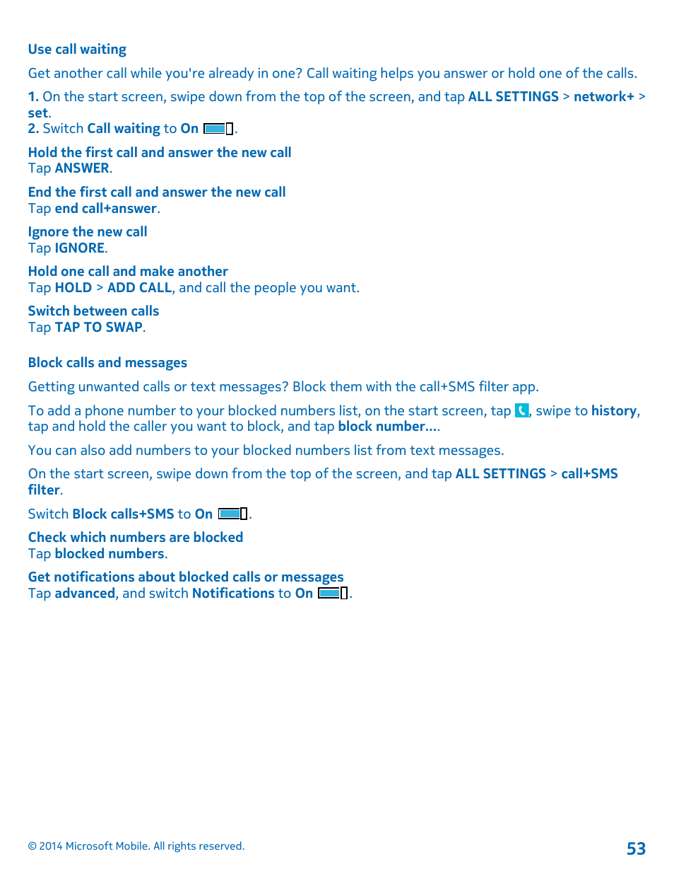 Use call waiting, Block calls and messages | Nokia Lumia 630 User Manual | Page 53 / 110