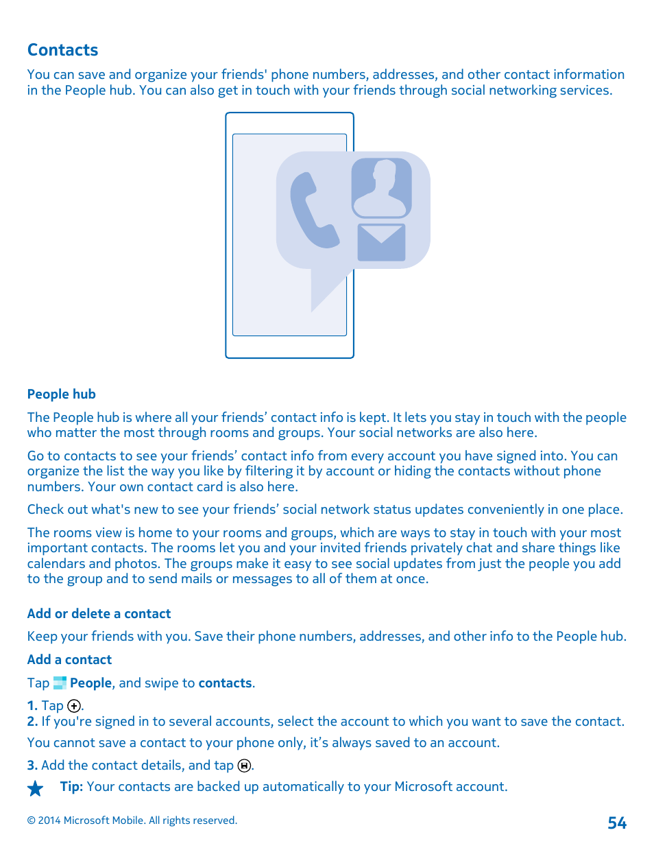 Contacts, People hub, Add or delete a contact | Contacts 54 | Nokia Lumia 630 User Manual | Page 54 / 110