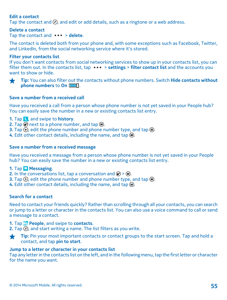 Save a number from a received call, Save a number from a received message, Search for a contact | Nokia Lumia 630 User Manual | Page 55 / 110