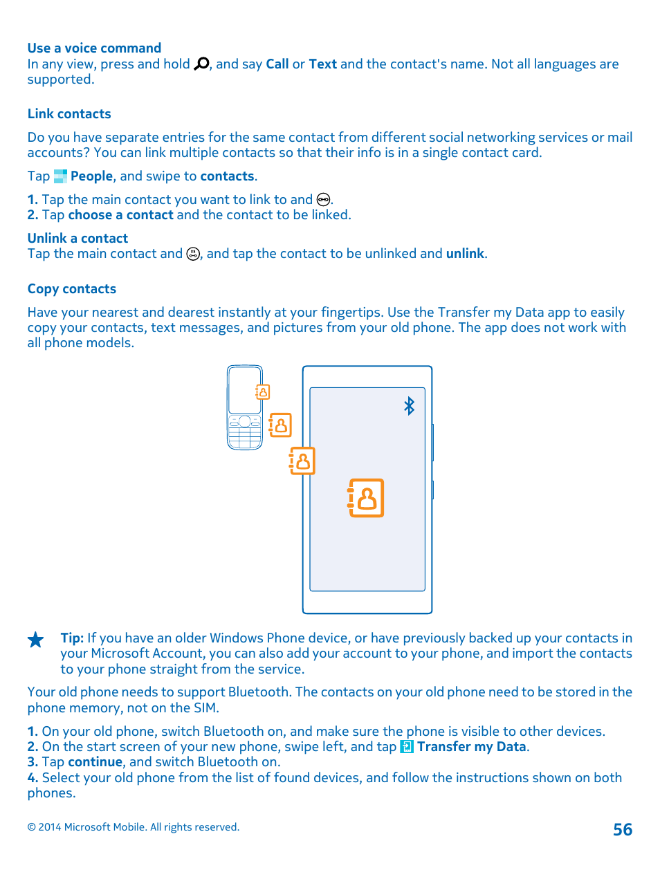 Link contacts, Copy contacts | Nokia Lumia 630 User Manual | Page 56 / 110