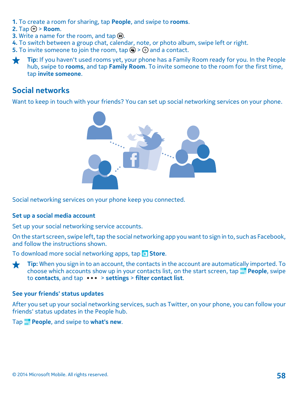 Social networks, Set up a social media account, See your friends' status updates | Nokia Lumia 630 User Manual | Page 58 / 110