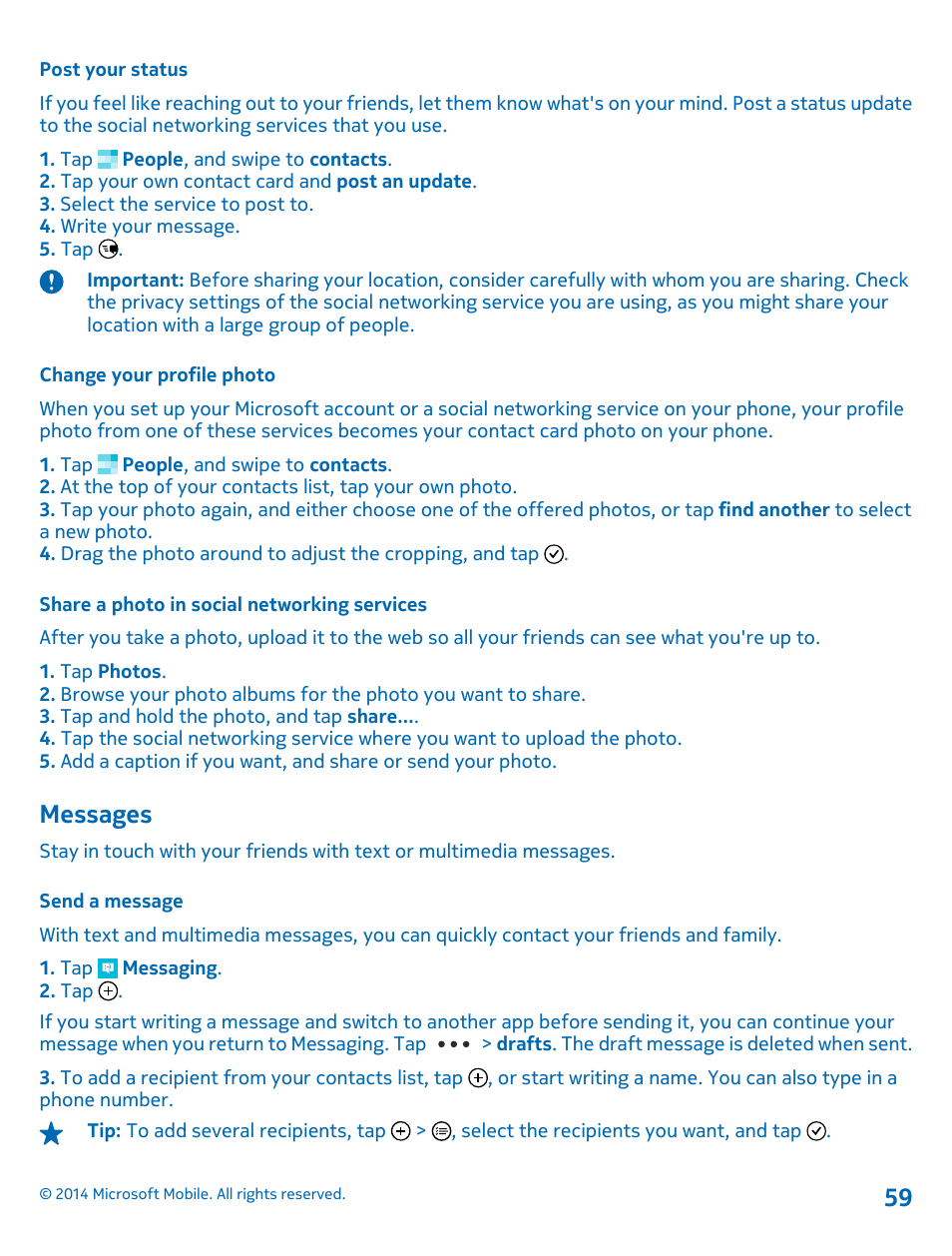 Post your status, Change your profile photo, Share a photo in social networking services | Messages, Send a message, Messages 59 | Nokia Lumia 630 User Manual | Page 59 / 110