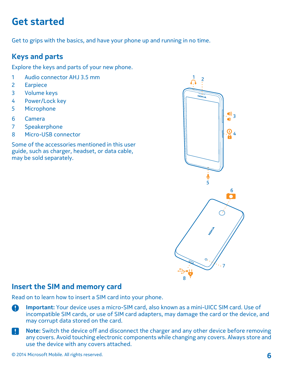 Get started, Keys and parts, Insert the sim and memory card | Nokia Lumia 630 User Manual | Page 6 / 110