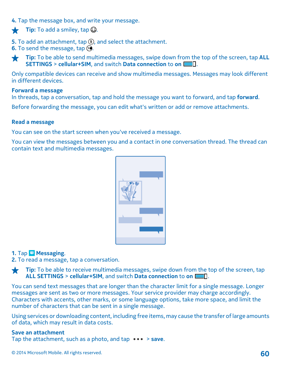 Read a message | Nokia Lumia 630 User Manual | Page 60 / 110