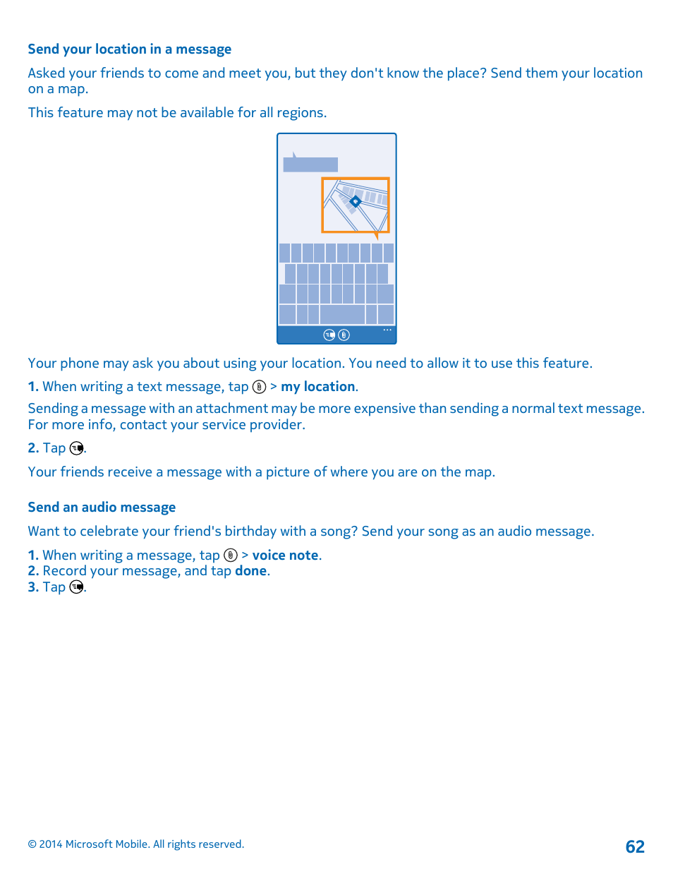 Send your location in a message, Send an audio message | Nokia Lumia 630 User Manual | Page 62 / 110