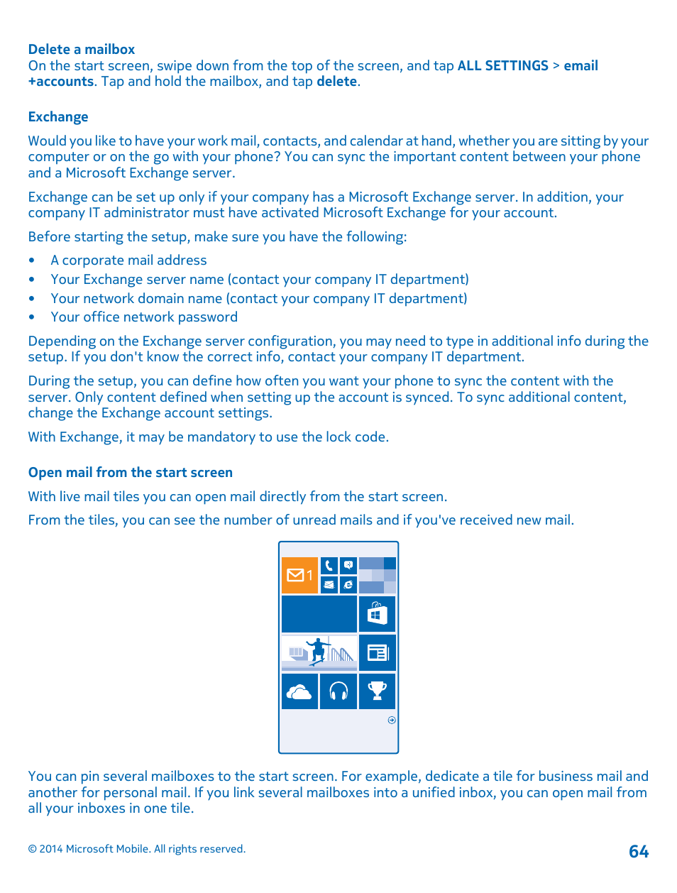 Exchange, Open mail from the start screen | Nokia Lumia 630 User Manual | Page 64 / 110