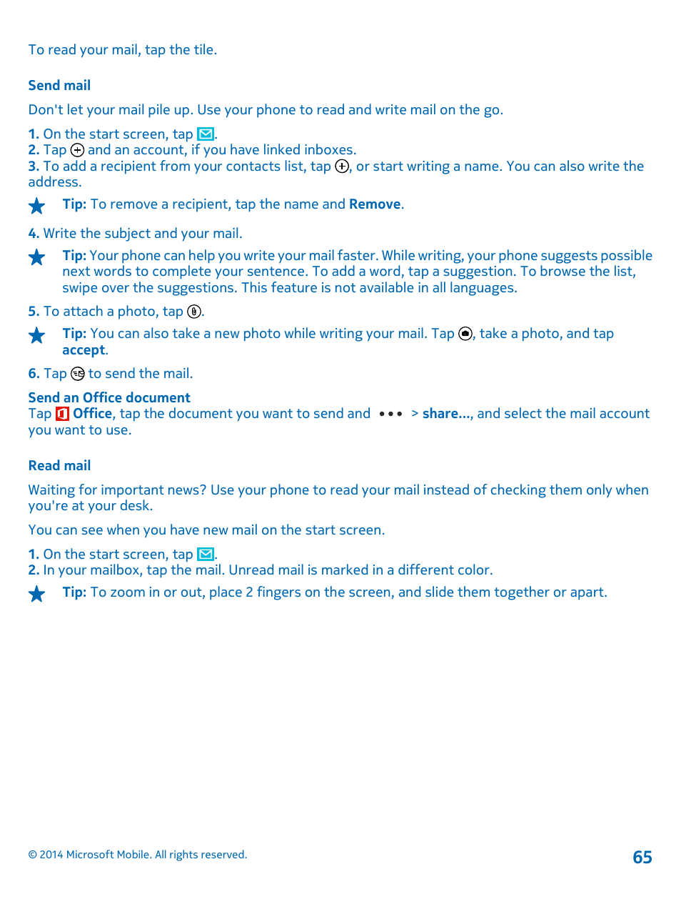 Send mail, Read mail | Nokia Lumia 630 User Manual | Page 65 / 110