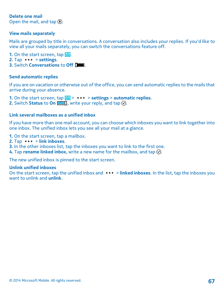 View mails separately, Send automatic replies, Link several mailboxes as a unified inbox | Nokia Lumia 630 User Manual | Page 67 / 110