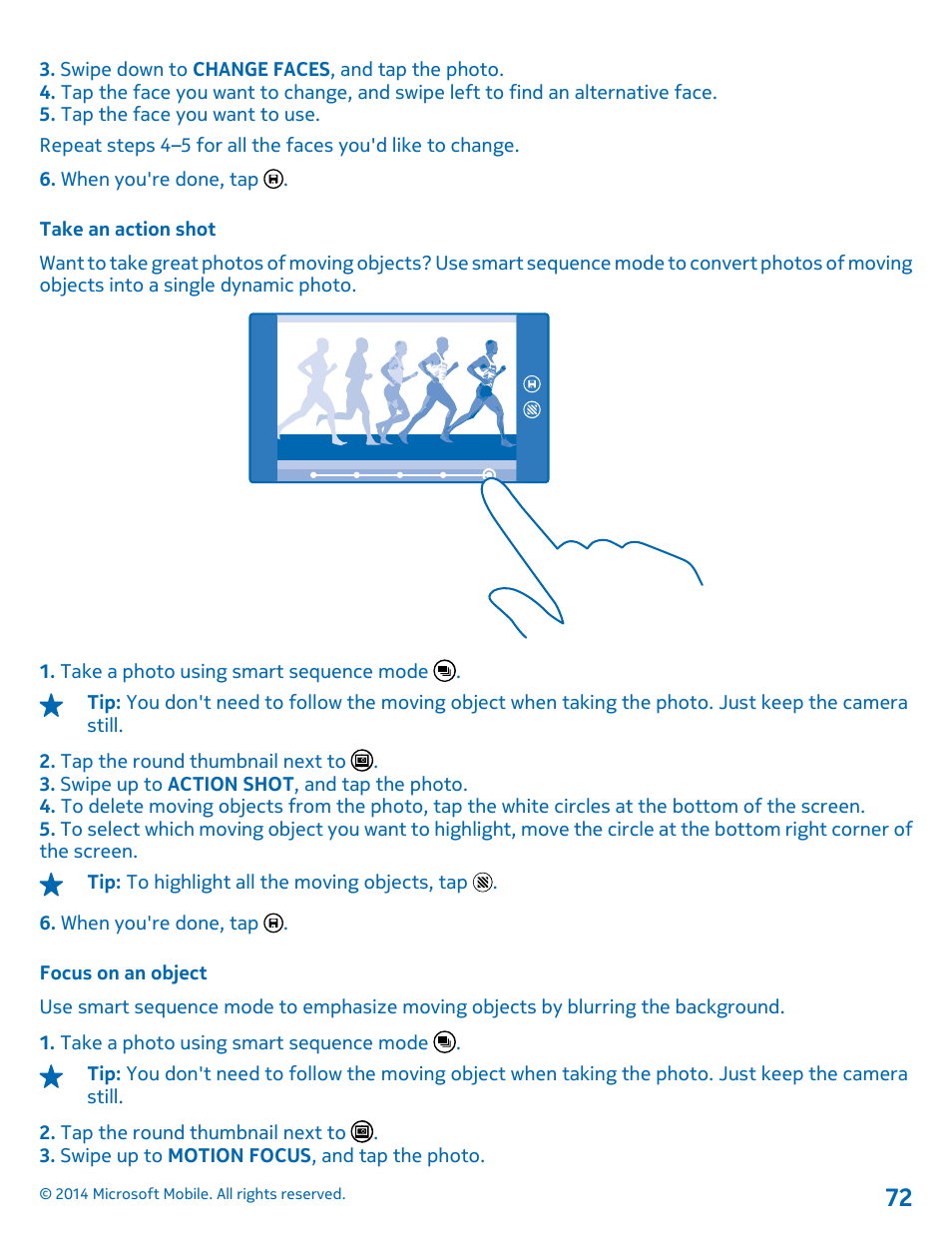 Take an action shot, Focus on an object | Nokia Lumia 630 User Manual | Page 72 / 110