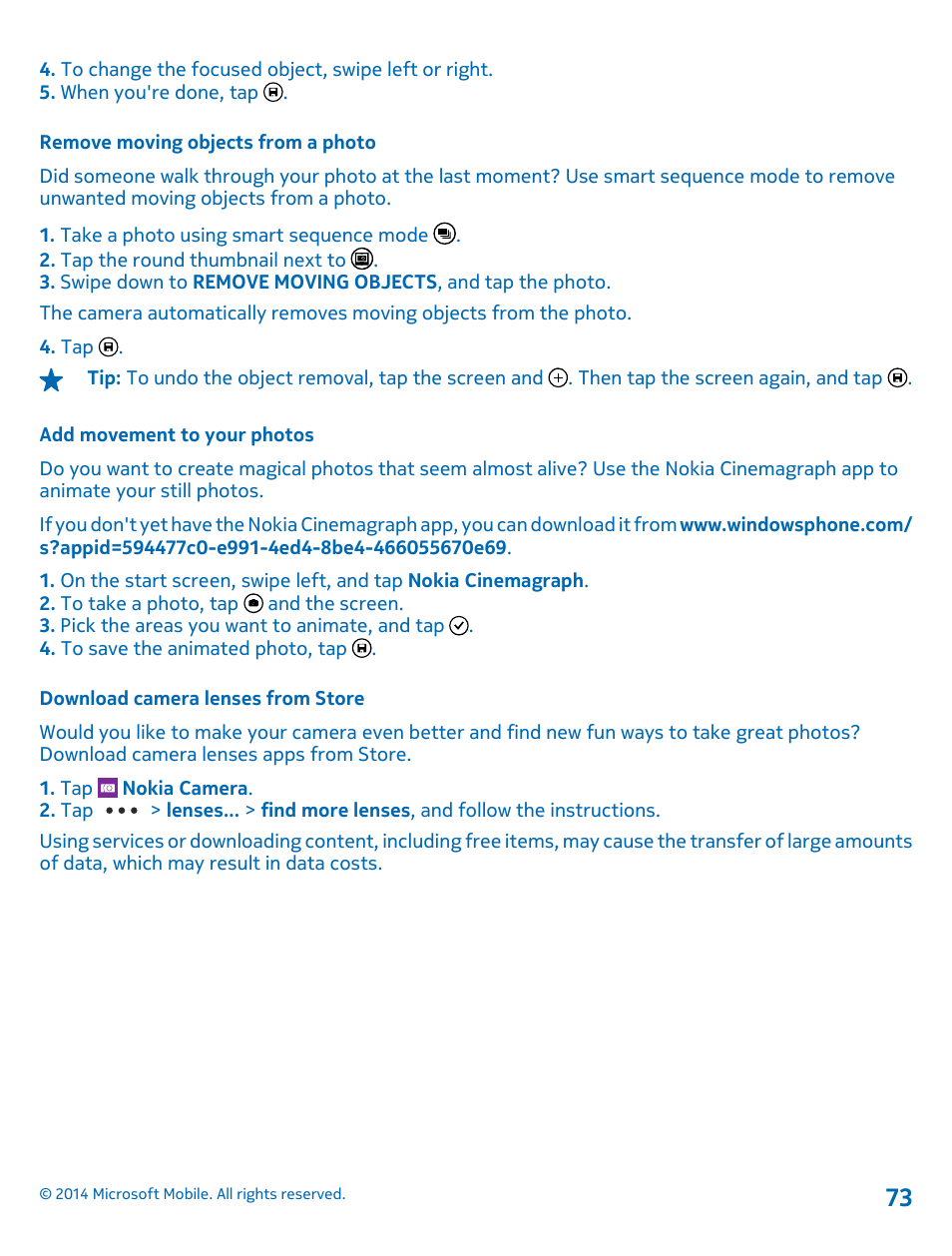 Remove moving objects from a photo, Add movement to your photos, Download camera lenses from store | Nokia Lumia 630 User Manual | Page 73 / 110