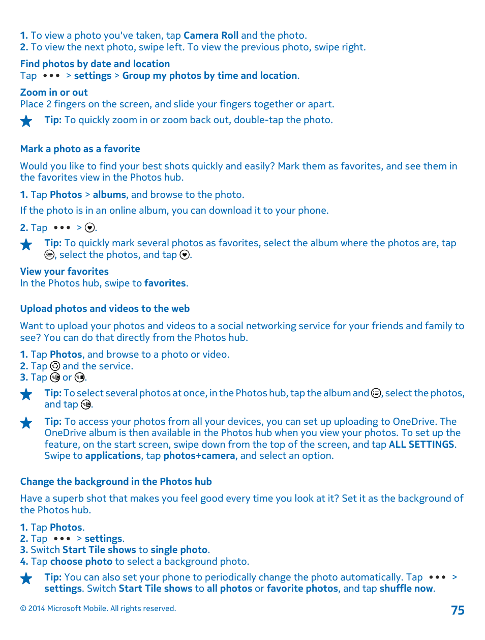 Mark a photo as a favorite, Upload photos and videos to the web, Change the background in the photos hub | Nokia Lumia 630 User Manual | Page 75 / 110