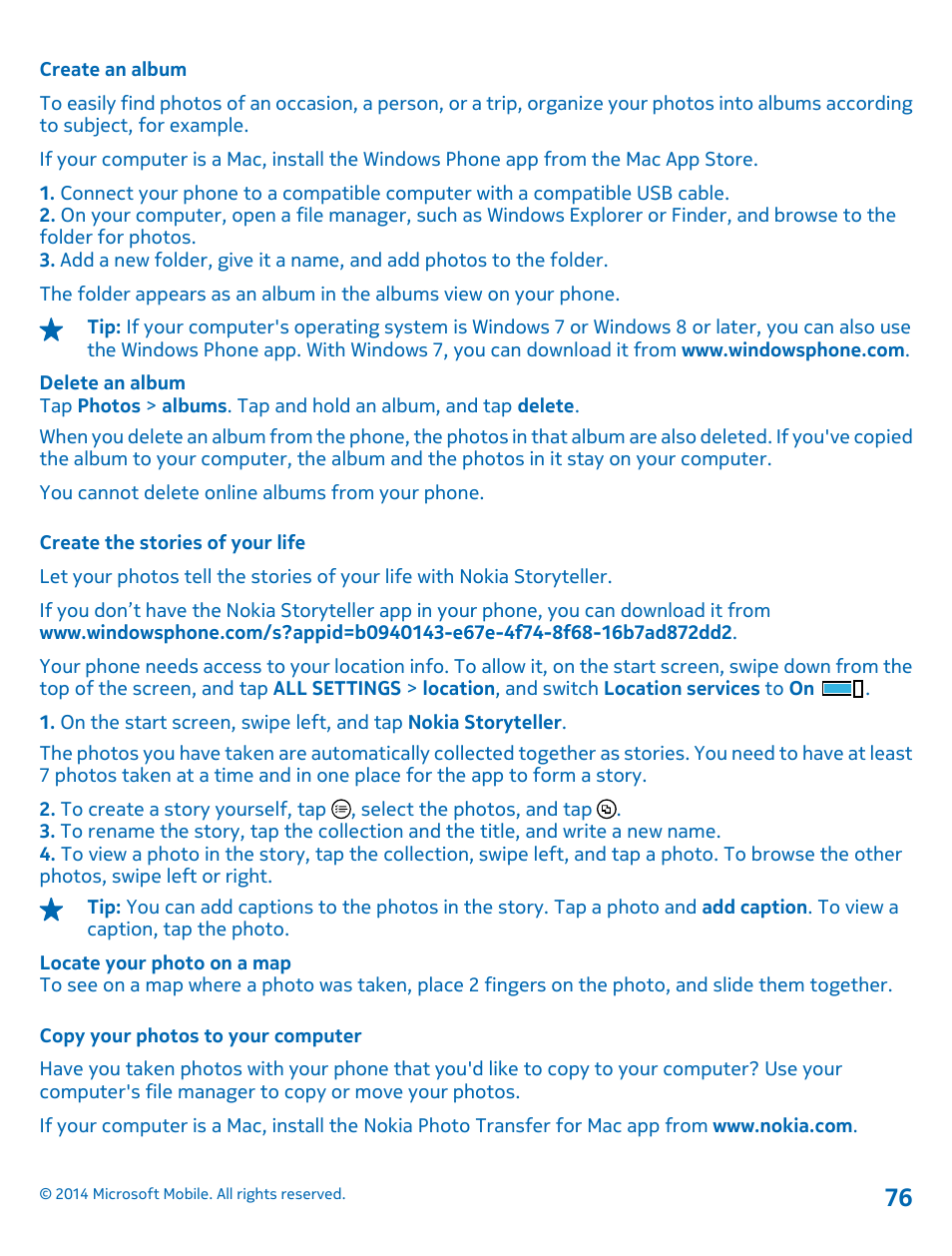 Create an album, Create the stories of your life, Copy your photos to your computer | Nokia Lumia 630 User Manual | Page 76 / 110