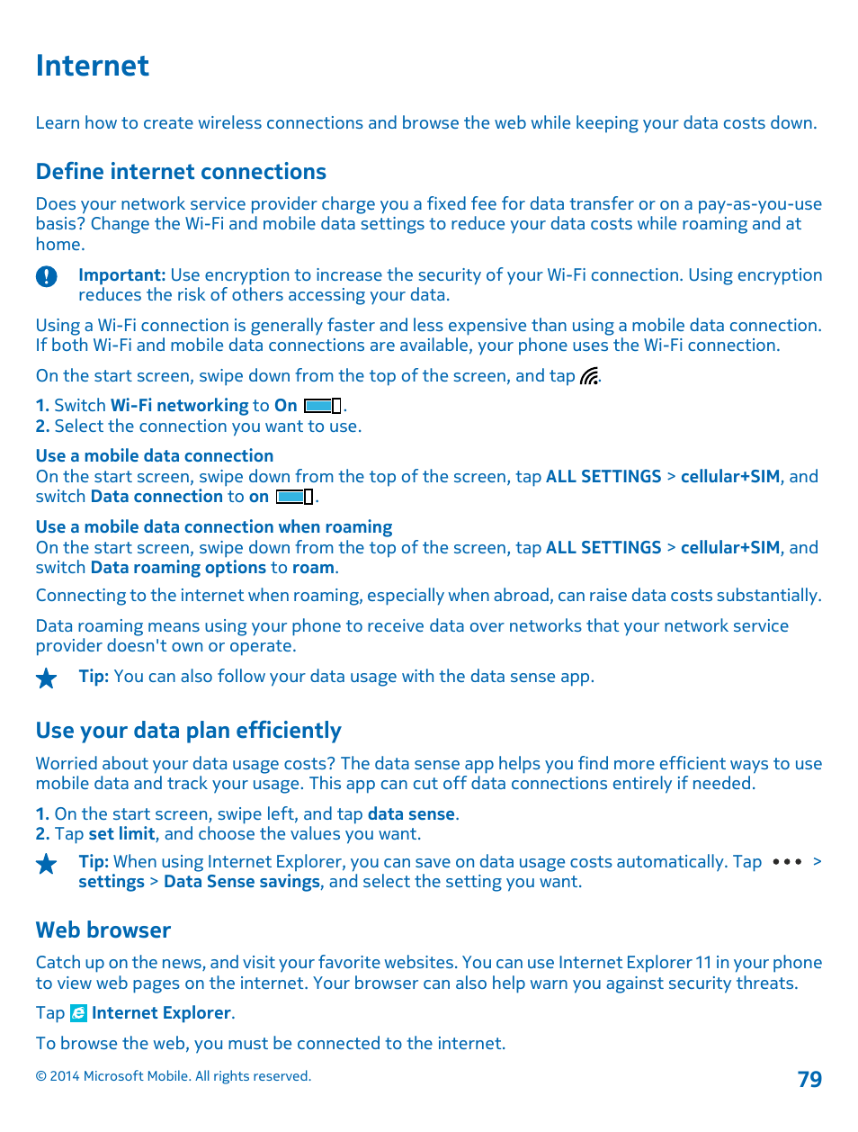 Internet, Define internet connections, Use your data plan efficiently | Web browser, Internet 79 define internet connections | Nokia Lumia 630 User Manual | Page 79 / 110