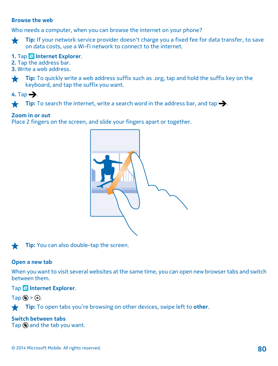 Browse the web, Open a new tab | Nokia Lumia 630 User Manual | Page 80 / 110