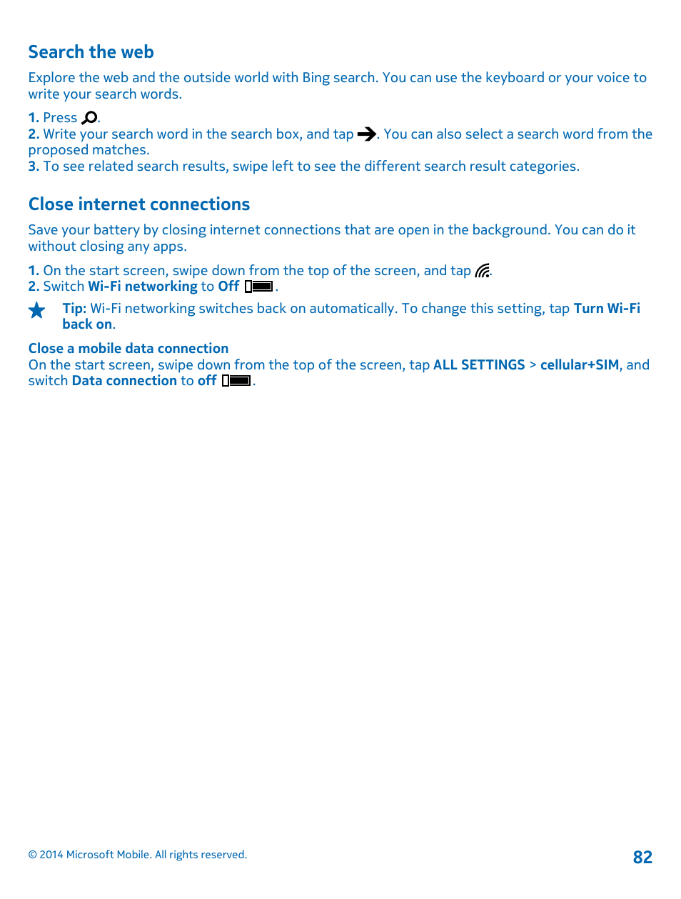 Search the web, Close internet connections | Nokia Lumia 630 User Manual | Page 82 / 110