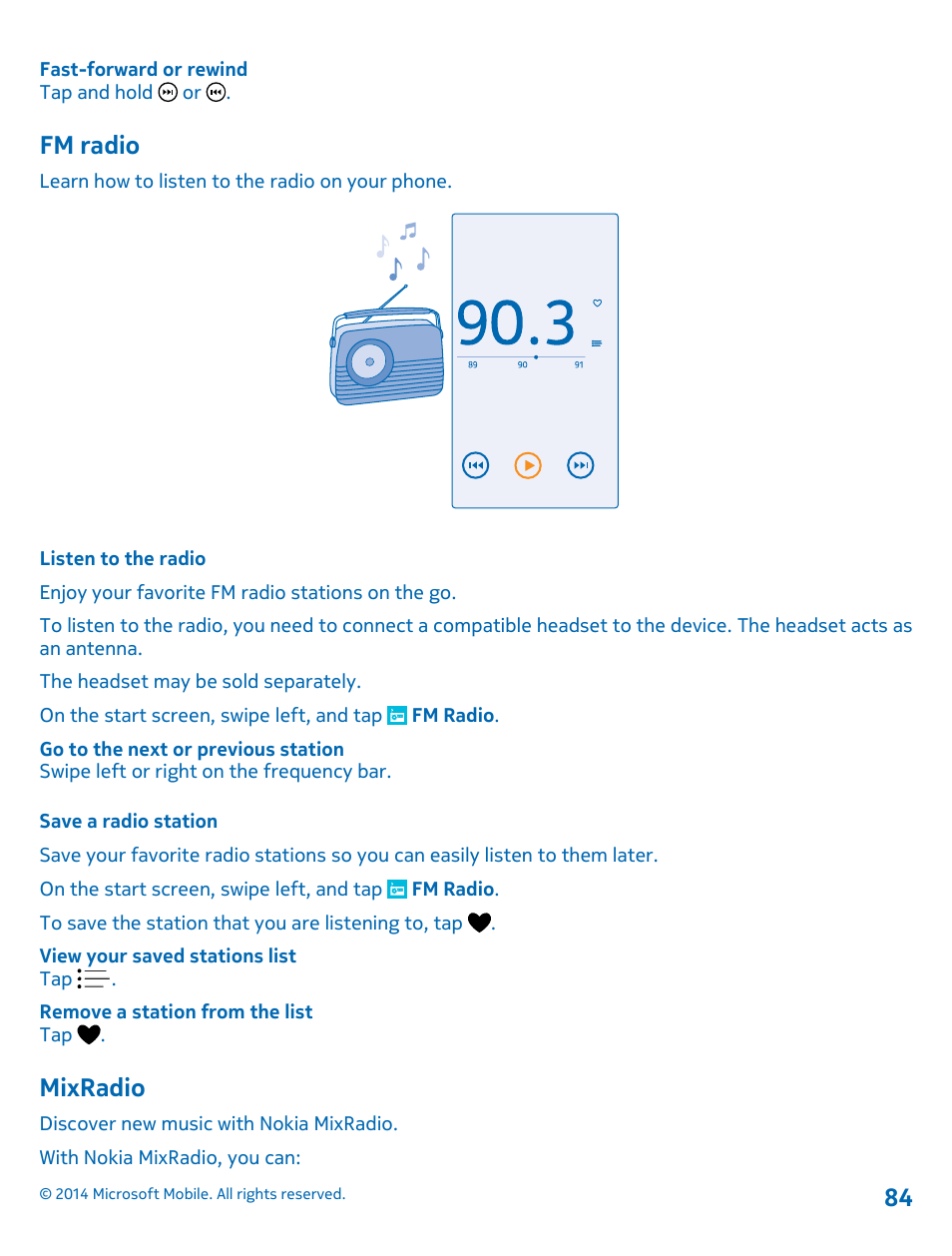 Fm radio, Listen to the radio, Save a radio station | Mixradio, Mixradio 84 | Nokia Lumia 630 User Manual | Page 84 / 110