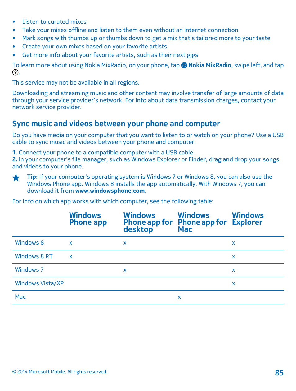 Sync music and videos between your, Phone and computer | Nokia Lumia 630 User Manual | Page 85 / 110