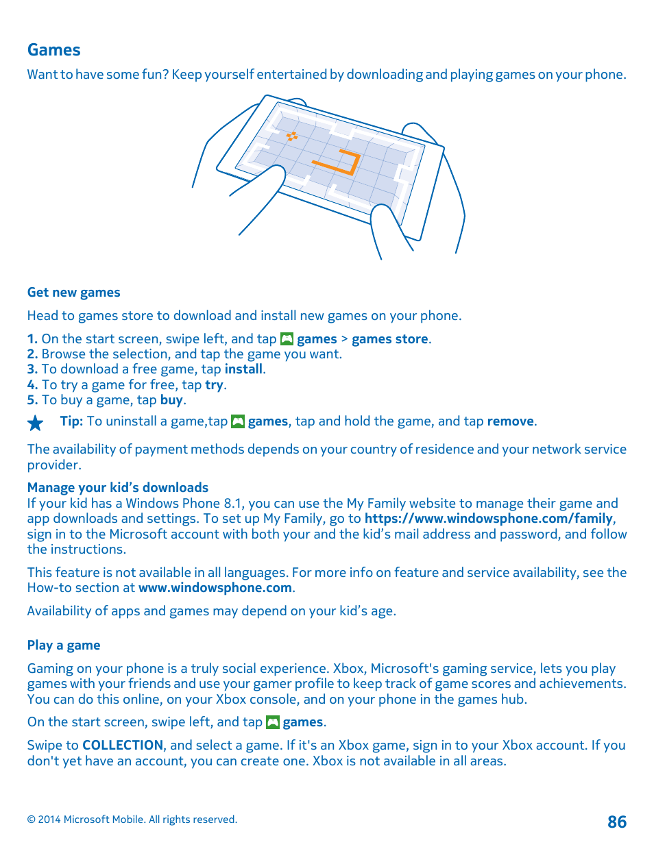 Games, Get new games, Play a game | Games 86 | Nokia Lumia 630 User Manual | Page 86 / 110