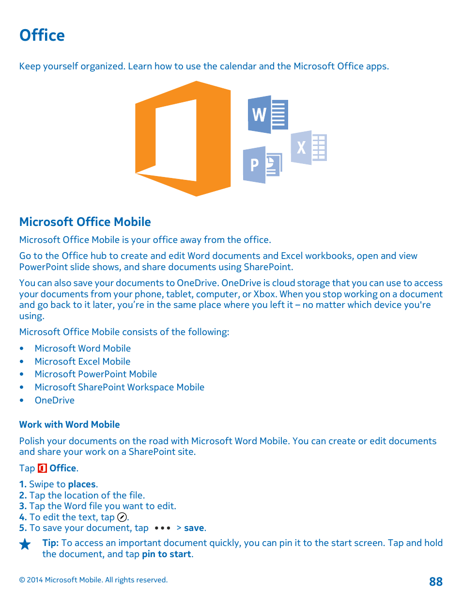 Office, Microsoft office mobile, Work with word mobile | Office 88 microsoft office mobile | Nokia Lumia 630 User Manual | Page 88 / 110