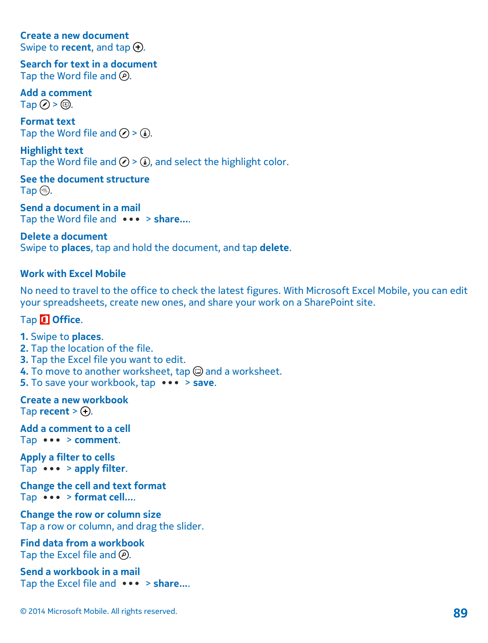 Work with excel mobile | Nokia Lumia 630 User Manual | Page 89 / 110