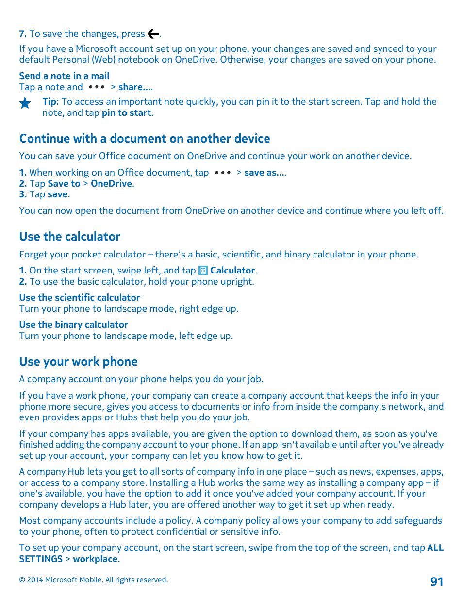 Continue with a document on another device, Use the calculator, Use your work phone | Continue with a document on another, Device 91 use the calculator | Nokia Lumia 630 User Manual | Page 91 / 110