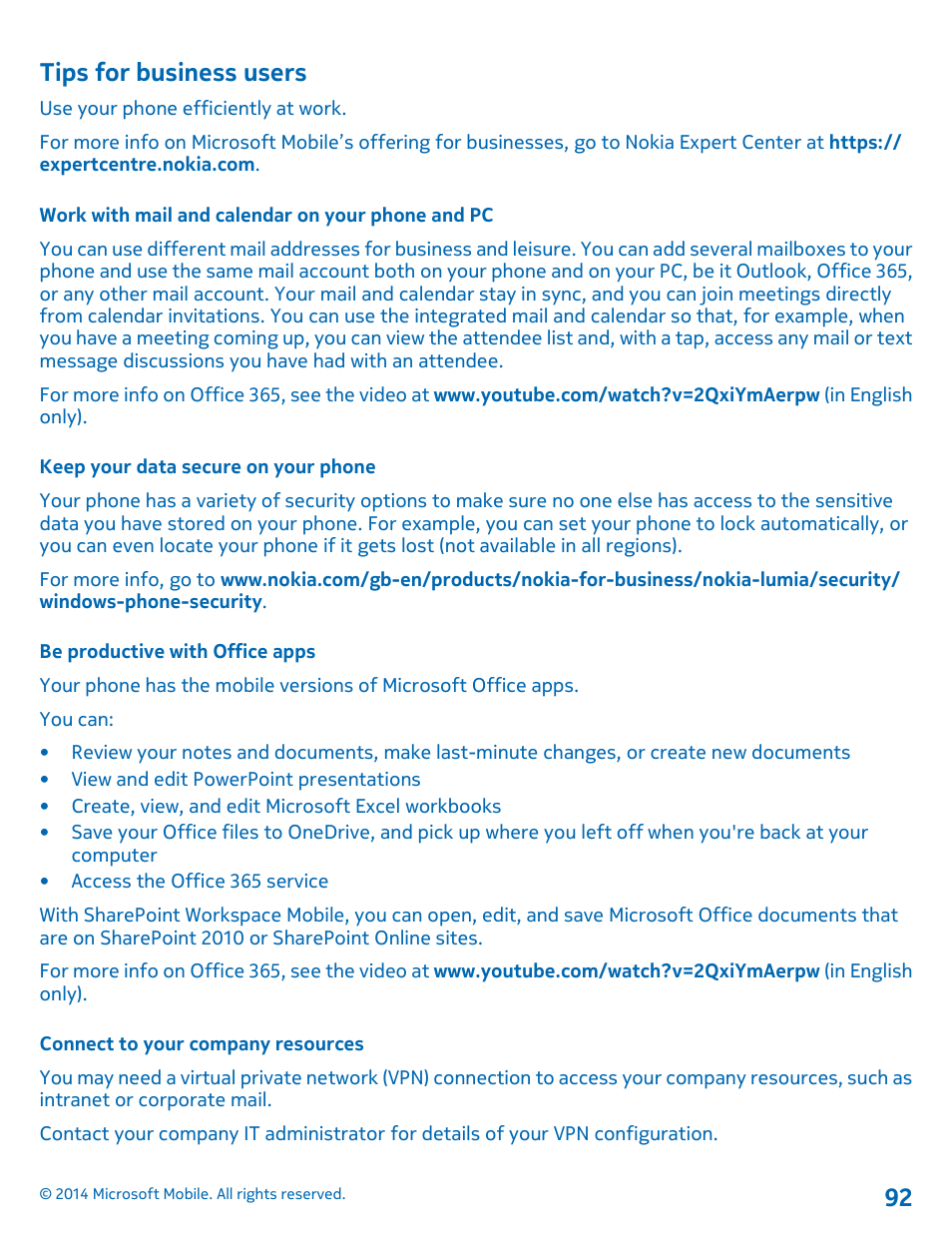 Tips for business users, Work with mail and calendar on your phone and pc, Keep your data secure on your phone | Be productive with office apps, Connect to your company resources | Nokia Lumia 630 User Manual | Page 92 / 110