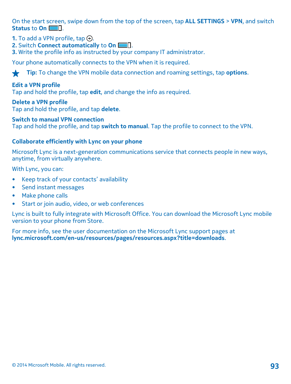 Collaborate efficiently with lync on your phone | Nokia Lumia 630 User Manual | Page 93 / 110