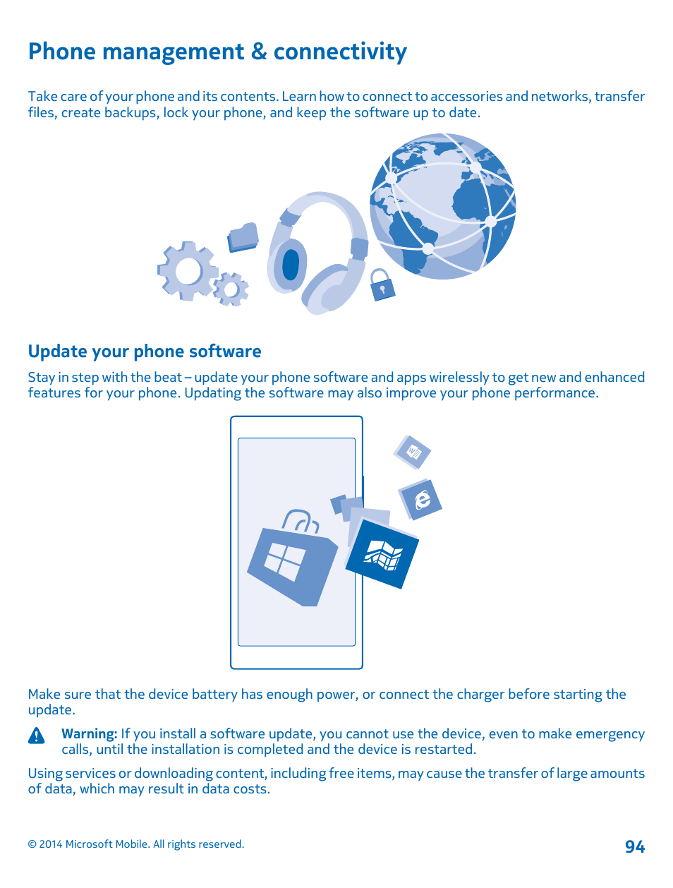 Phone management & connectivity, Update your phone software | Nokia Lumia 630 User Manual | Page 94 / 110