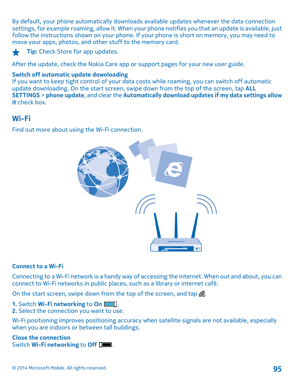 Wi-fi, Connect to a wi-fi, Wi-fi 95 | Nokia Lumia 630 User Manual | Page 95 / 110