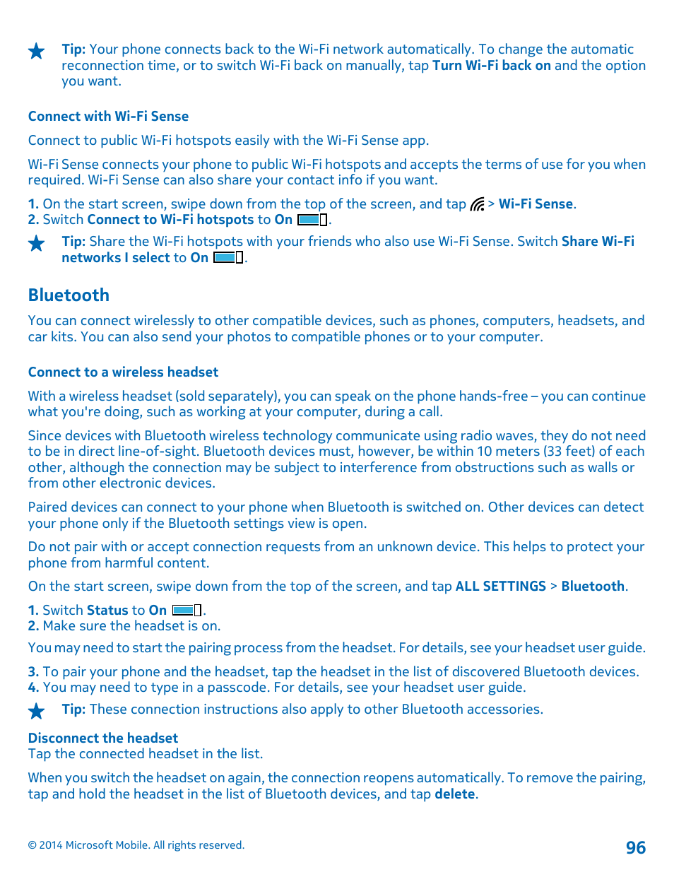 Connect with wi-fi sense, Bluetooth, Connect to a wireless headset | Bluetooth 96 | Nokia Lumia 630 User Manual | Page 96 / 110