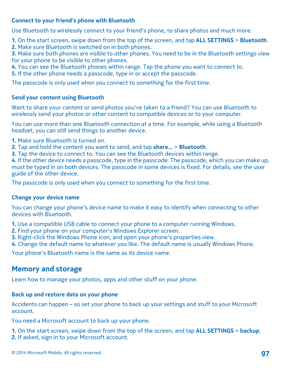 Connect to your friend’s phone with bluetooth, Send your content using bluetooth, Change your device name | Memory and storage, Back up and restore data on your phone | Nokia Lumia 630 User Manual | Page 97 / 110