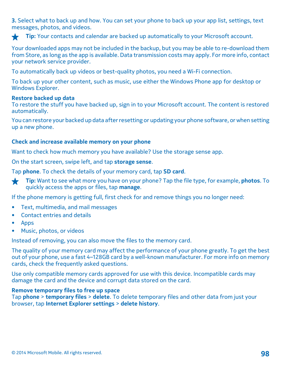 Check and increase available memory on your phone | Nokia Lumia 630 User Manual | Page 98 / 110