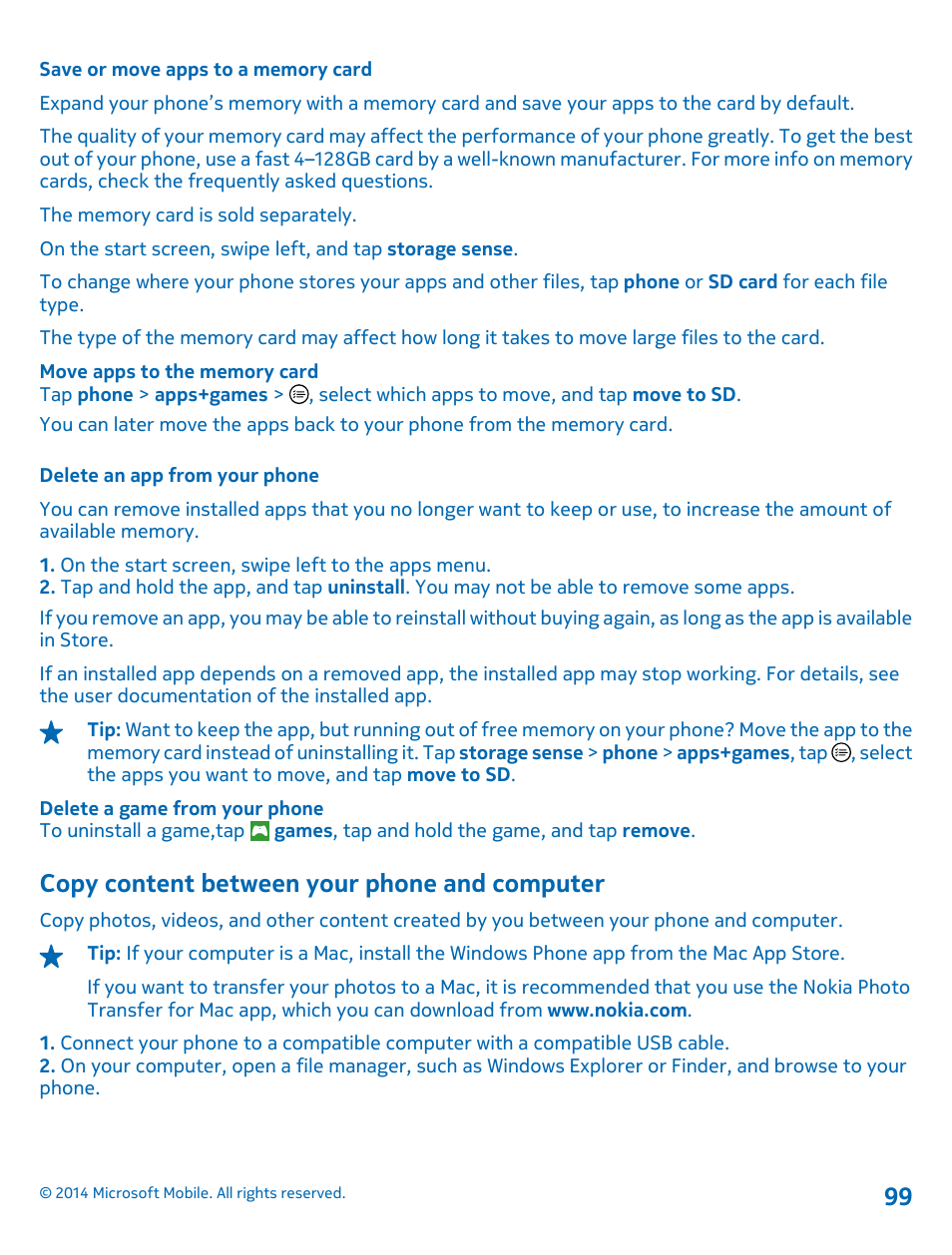 Save or move apps to a memory card, Delete an app from your phone, Copy content between your phone and computer | Copy content between your phone and, Computer 99 | Nokia Lumia 630 User Manual | Page 99 / 110