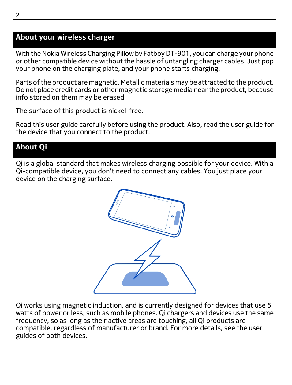 About your wireless charger, About qi | Nokia DT-901 User Manual | Page 2 / 8