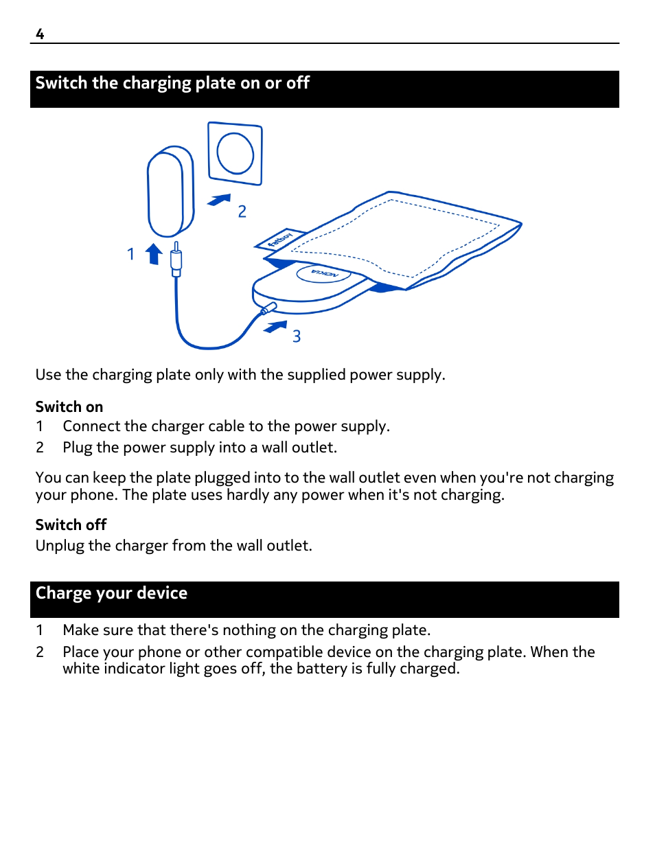 Switch the charging plate on or off, Charge your device | Nokia DT-901 User Manual | Page 4 / 8