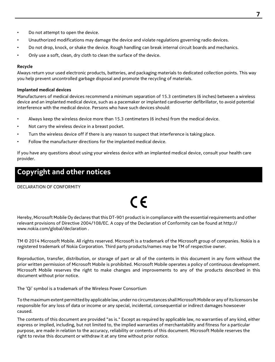 Recycle, Implanted medical devices, Copyright and other notices | Nokia DT-901 User Manual | Page 7 / 8