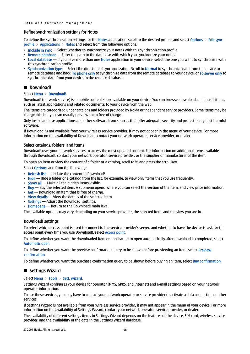 Define synchronization settings for notes, Download, Select catalogs, folders, and items | Download! settings, Settings wizard | Nokia E61i User Manual | Page 100 / 241