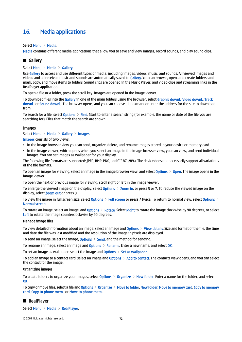 Media applications, Gallery, Images | Manage image files, Organizing images, Realplayer | Nokia E61i User Manual | Page 104 / 241