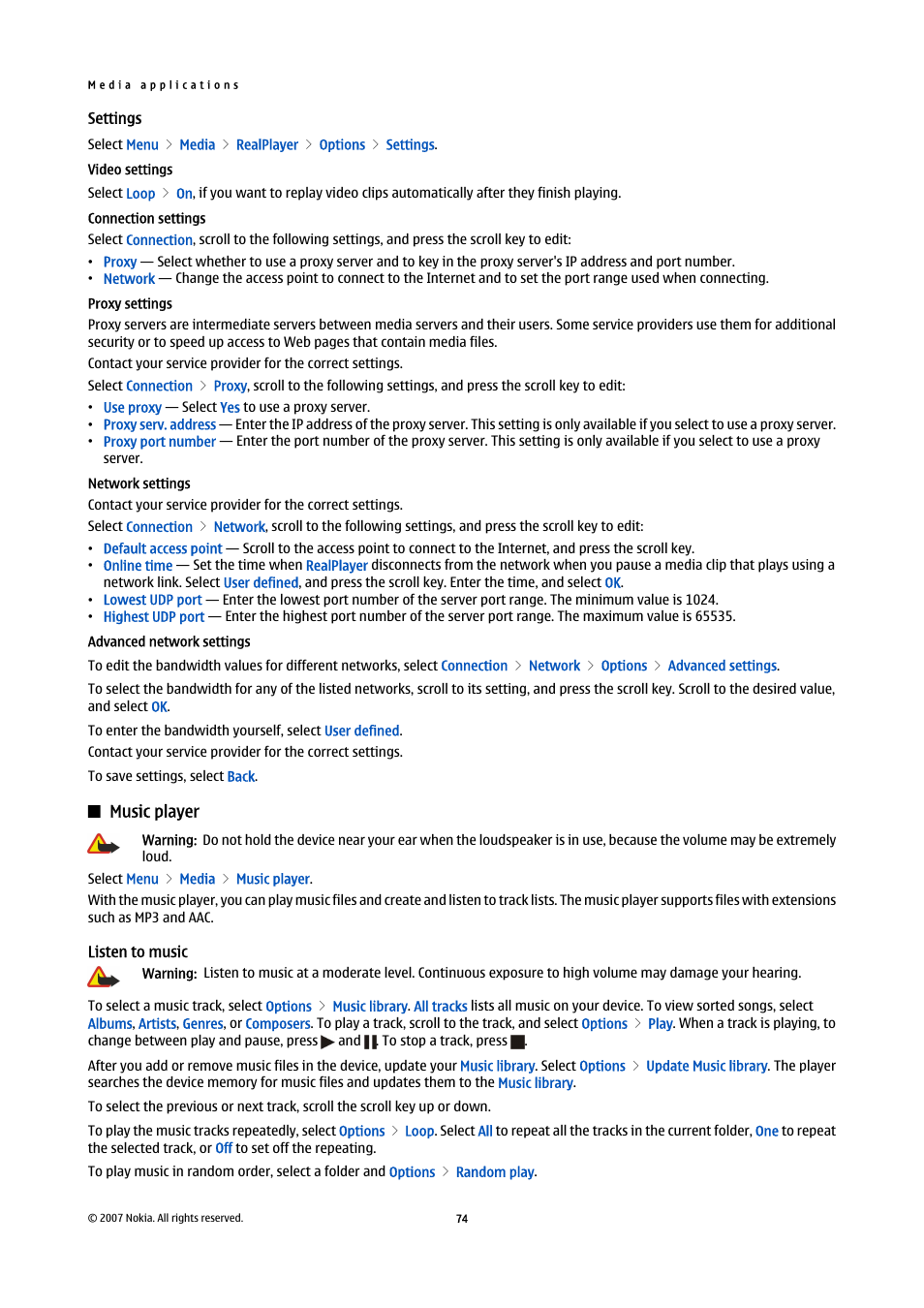 Settings, Video settings, Connection settings | Proxy settings, Network settings, Advanced network settings, Music player, Listen to music | Nokia E61i User Manual | Page 106 / 241