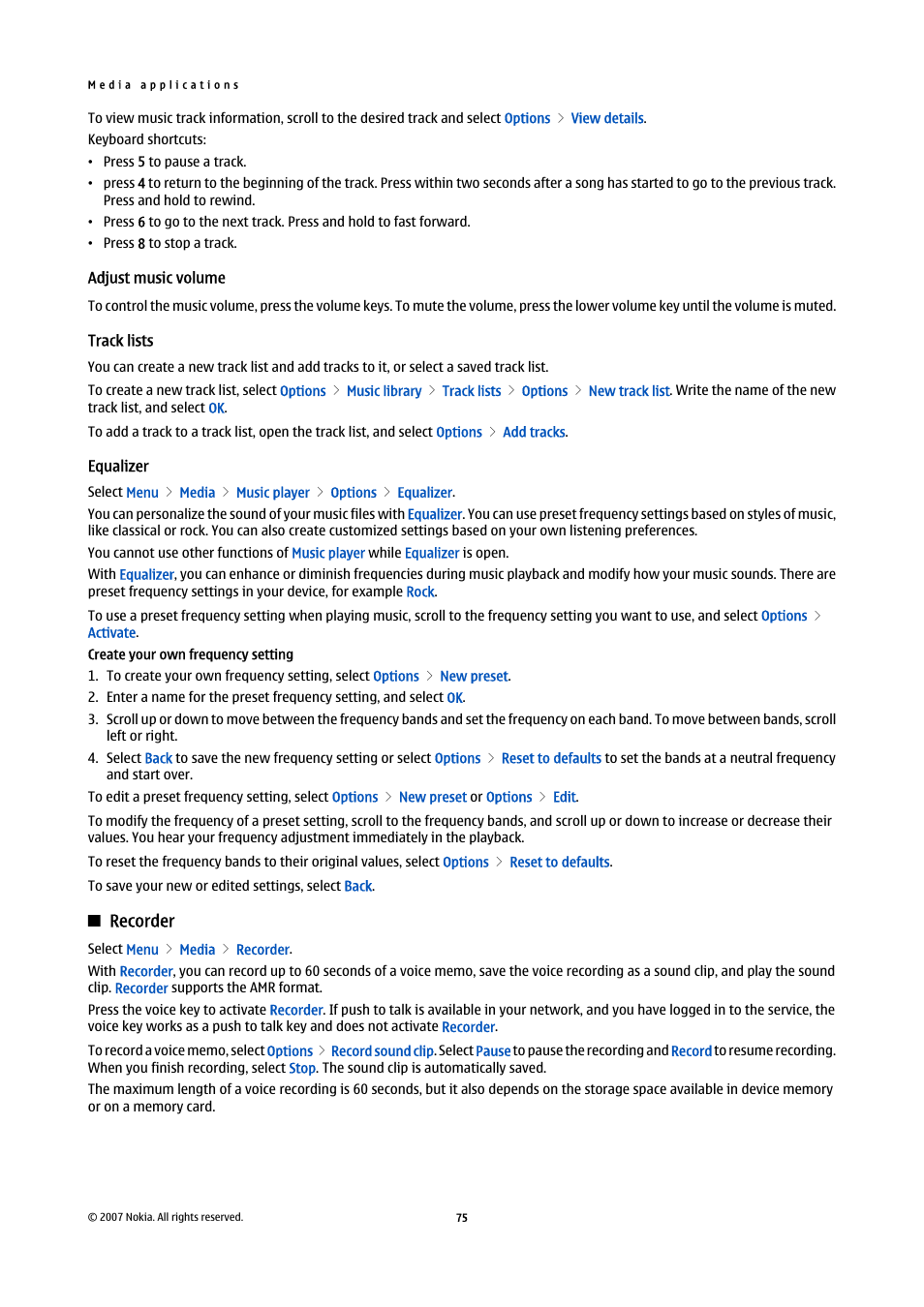 Adjust music volume, Track lists, Equalizer | Recorder | Nokia E61i User Manual | Page 107 / 241