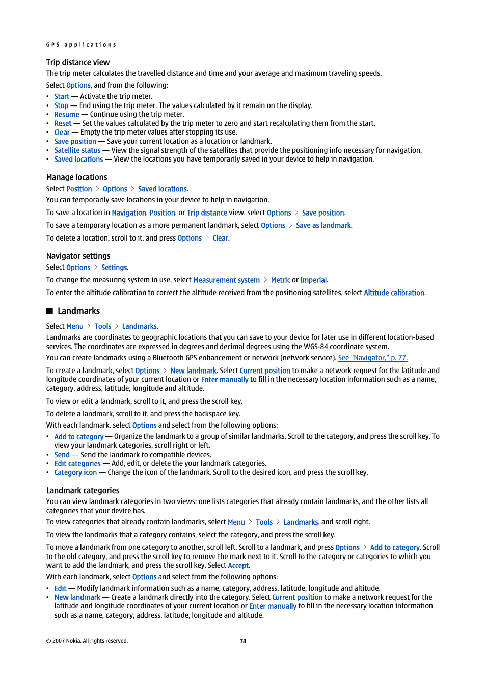 Trip distance view, Manage locations, Navigator settings | Landmarks, Landmark categories | Nokia E61i User Manual | Page 110 / 241