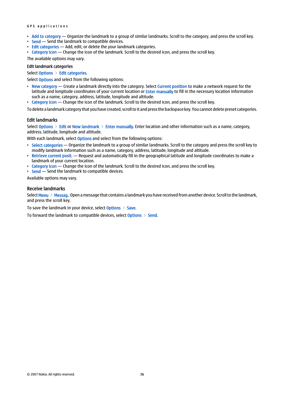 Edit landmark categories, Edit landmarks, Receive landmarks | Nokia E61i User Manual | Page 111 / 241