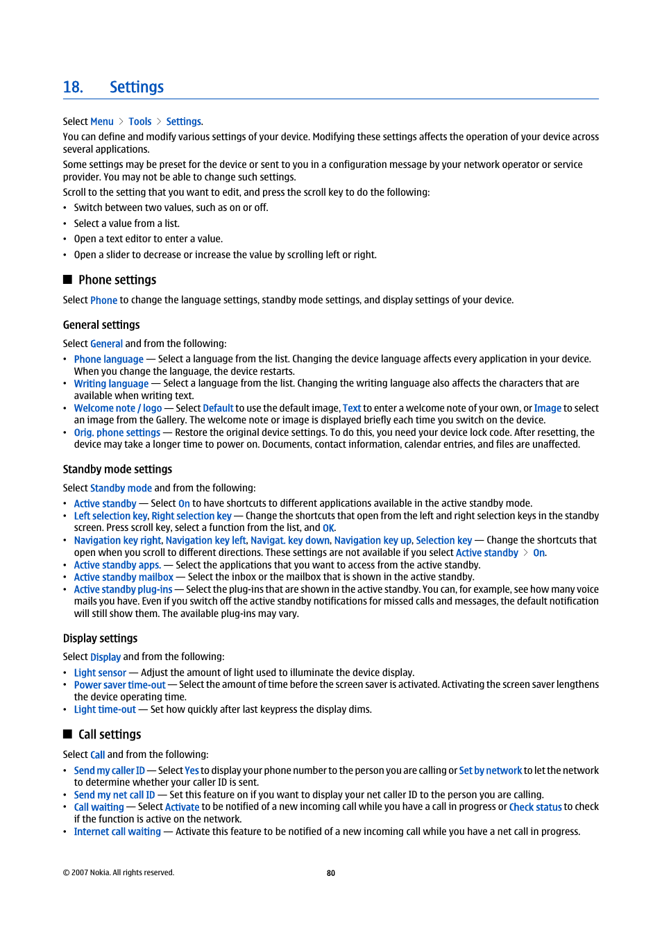 Settings, Phone settings, General settings | Standby mode settings, Display settings, Call settings, See "standby mode, Settings," p. 80 | Nokia E61i User Manual | Page 112 / 241